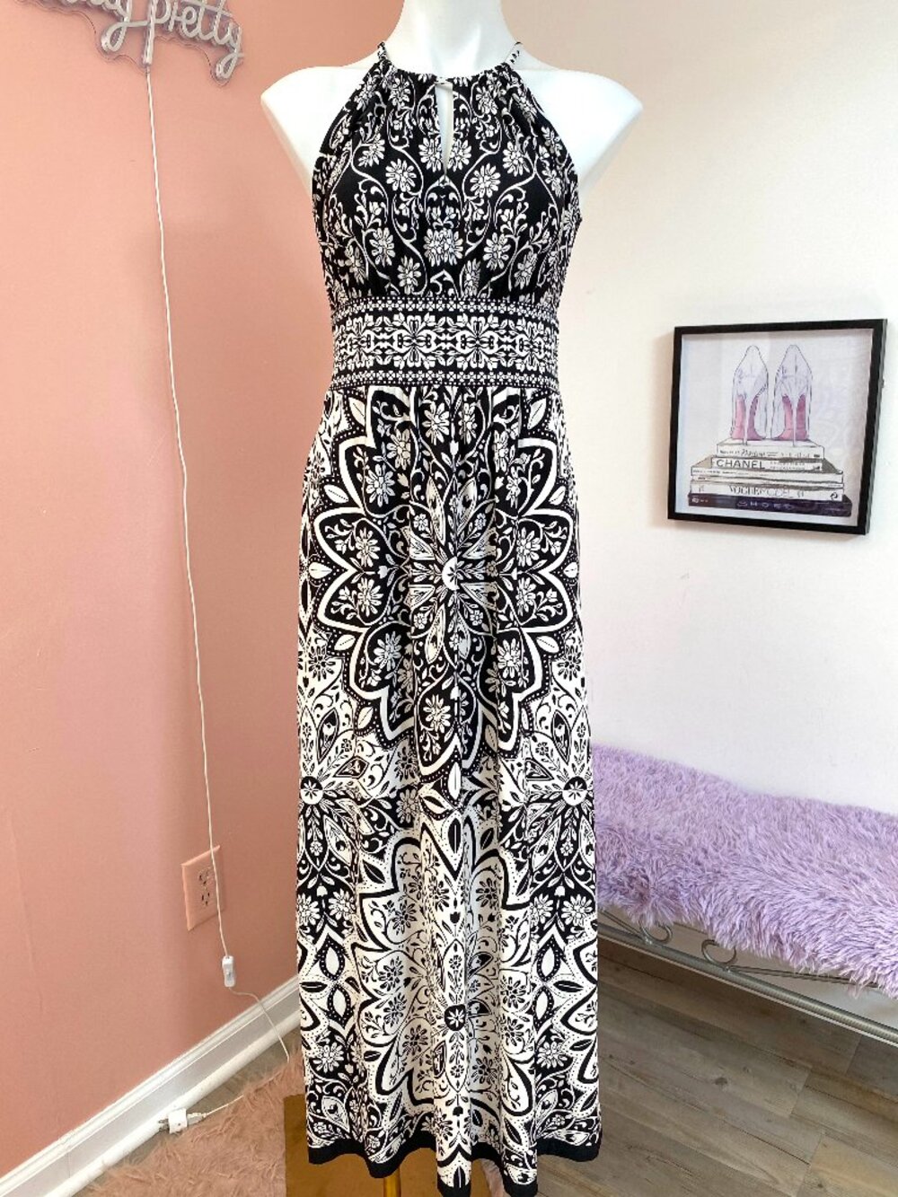 London Times Black and White Print High Neck Maxi Dress Size 6
